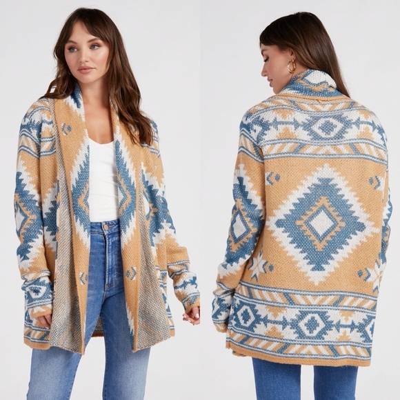 Woven Heart Brown Blue Shawl Collar Aztec Print Boho Open Front Cardigan Sz S - Picture 1 of 11